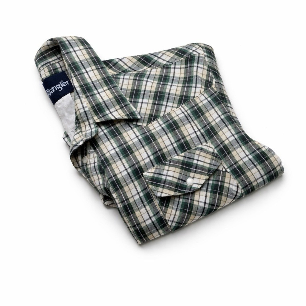 Wrangler Shirt Mens Adult L / XL Green Black Plaid Western Pearl Snap Button Up